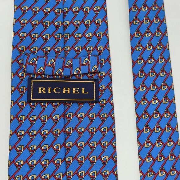 RICHEL SILK TIE BLUE RED EQUESTRIAN STIRRUP 3.75" X 61" HAND MADE SPAIN - Picture 3 of 4